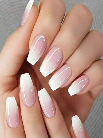24pcs Medium-Long False Nails Set, White Ombre Nail Stickers, With 1pc Jelly Gel And 1pc Nail File, Suitable For Women And Girls Daily Wear