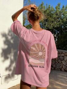 Women's Casual Vacation Round Neck Short Sleeved T-Shirt With Slogan Printed Women's Top. Graphic Tees Women White Top Vacation Outfits Women Pink Summer - Pink - View 5