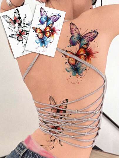 2张彩色蝴蝶纹身贴纸，逼真防水，适合女性，性感身体彩绘临时纹身，可用于手臂/腿部/胸部/腰部，多用途一次性纹身贴纸，易于粘贴和去除，日常旅行沙滩身体彩绘装饰贴纸DIY礼物