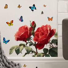 Vibrant Red Rose & Butterfly Glass Sticker | Living Room Door Wall Window Decor Self-Adhesive Translucent Wall Sticker, Glam Style, Geometric Pattern, Vinyl Material, Pre-Pasted, Single Use, Irregular Shape, Semi-Matte End, 9mil Thickness - A - View 4