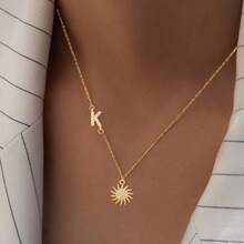 1pc New Classic Initial Sun Pendant Golden Stainless Steel Chain Necklace For Women - Yellow Gold - View 1