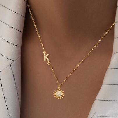 1pc New Classic Initial Sun Pendant Golden Stainless Steel Chain Necklace For Women