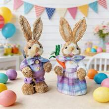 Easter Rabbit Table Decorations Cute Straw Mini Bunny Figurines Tabletop Centerpieces For Home Spring Party - B - View 5