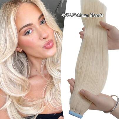 16"-24" Blonde Tape-In 100% Echthaar Extensions für Frauen, 20 Stücke/Packung, gerade, nahtlos, Skin Weft, Remy Echthaar Tape-In Haarverlängerungen, Echthaar Extensions für Frauen, #60 Platin Blond