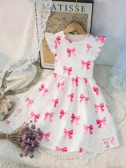 Girls Casual Outdoor Fashionable Cute Versatile Bow Allover Print Round Neck Cap Sleeve Fitted Dress, Spring/Summer