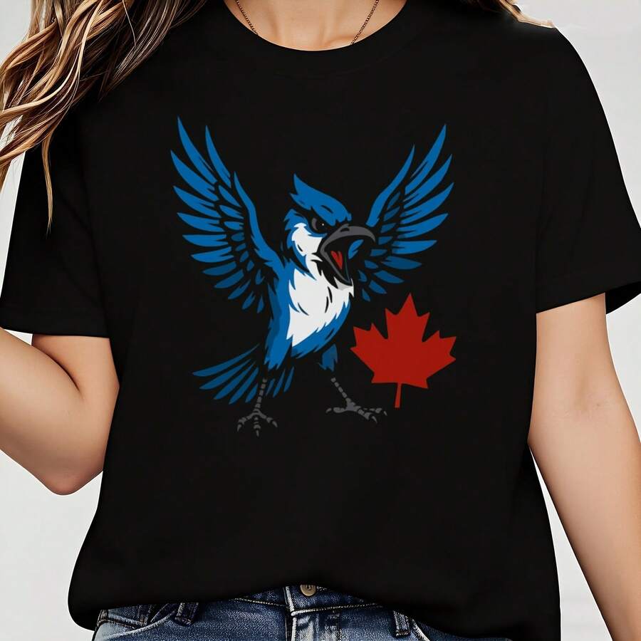Canadian Blue Jay Shirt For Toronto Fan Canada T-Shirt For Baseball Lovers Canadian Tee For Professional Sports Enthusiasts 100% Cotton 1PC 180g - 黑色 - 查看 1