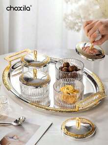 choxila 1pc Striped Glass Bowl With Gold Lid, Suitable For Nuts, Yogurt, Ice Cream, Jewelry Storage, Decor, Dining, Home, Restaurant, Ramadan - Bowl - View 5