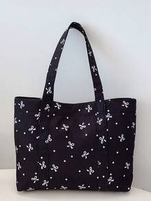 1 pièce Sac fourre-tout décontracté et mignon pour femmes avec décoration de nœud, sac à main léger avec fermeture magnétique et décoration d'étiquette, convient pour les femmes/filles/étudiantes, pour un usage quotidien, les vacances, les voyages, l'école - Noir - Voir 9