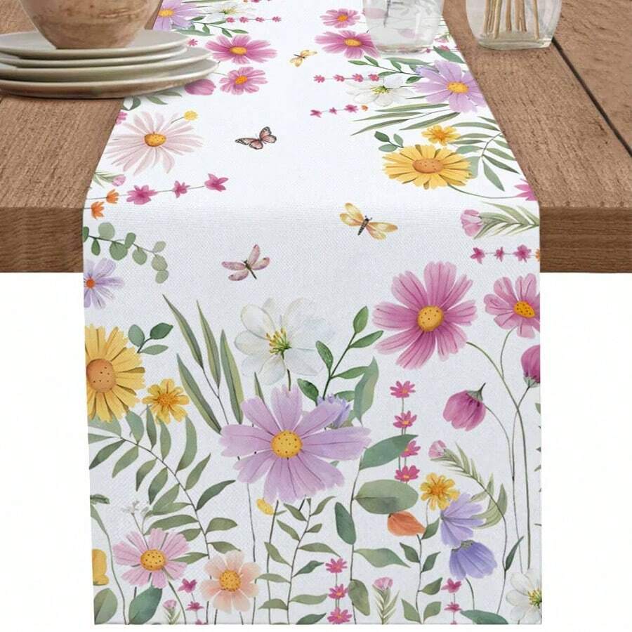 Spring Daisy Plants Floral Butterfly Table Runner Party Decor Reusable Farmhouse Kitchen Dining Table Runner Wedding Decorations - Multicolor - View 1