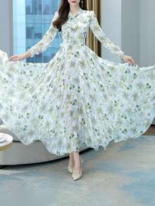 Women's Floral Print Dress - Long Sleeve Waist Cinched Slim Fit, Spring Autumn Fairy Elegant Vacation Midi Dress, Arabic Elegant Style, All Season Daily Wear - 白色 - 查看 4