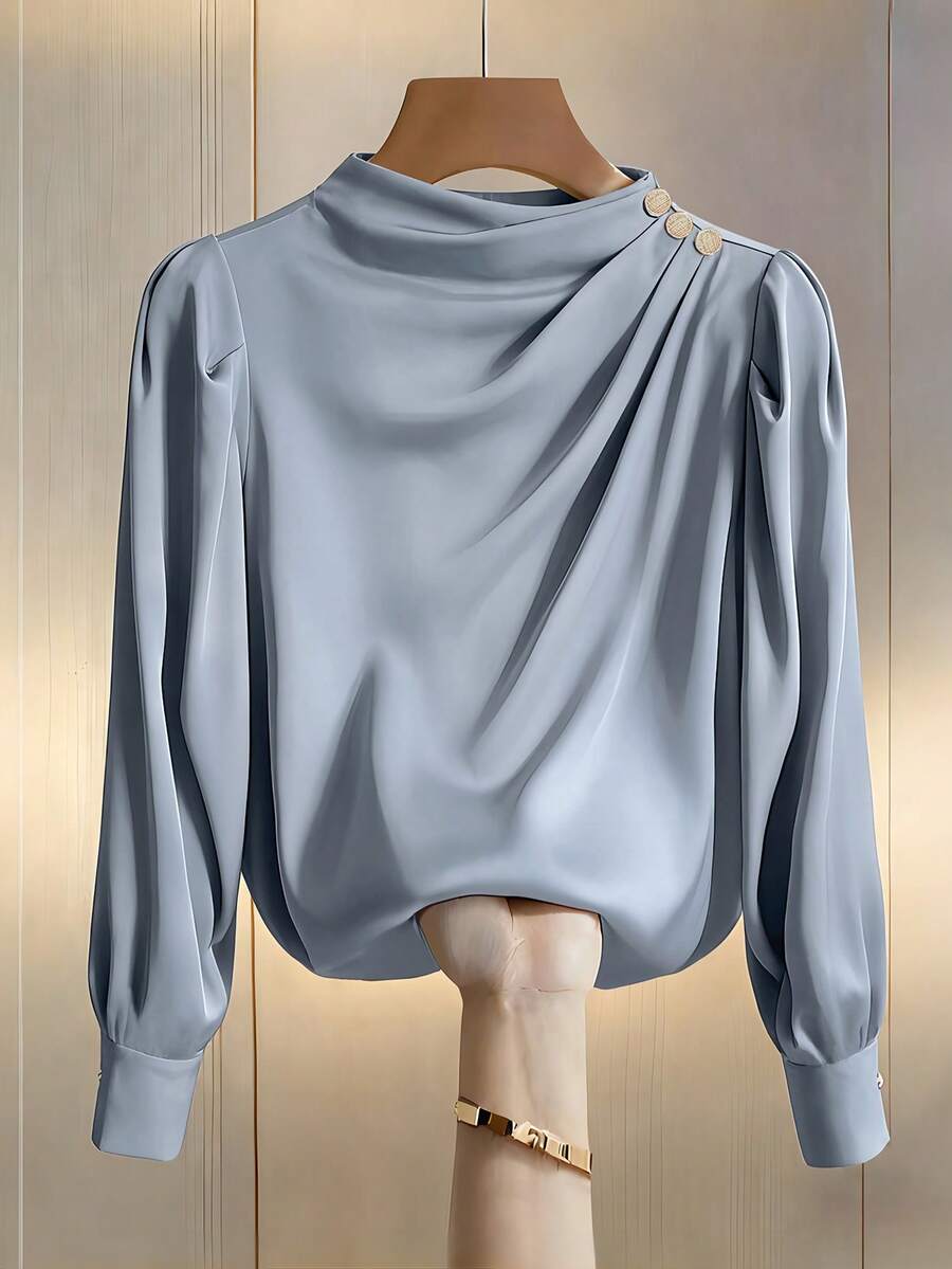 女士立领褶皱泡泡袖长袖休闲衬衫，适合春秋季 - 藍色 - 查看 1