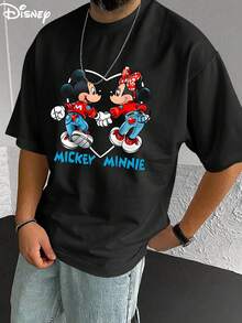 Disney Men's Casual T-Shirt, Mickey & Minnie "Couple" Print, Sweet Design, Comfortable Soft Fabric, Perfect For Couple Style - 黑色 - 查看 1