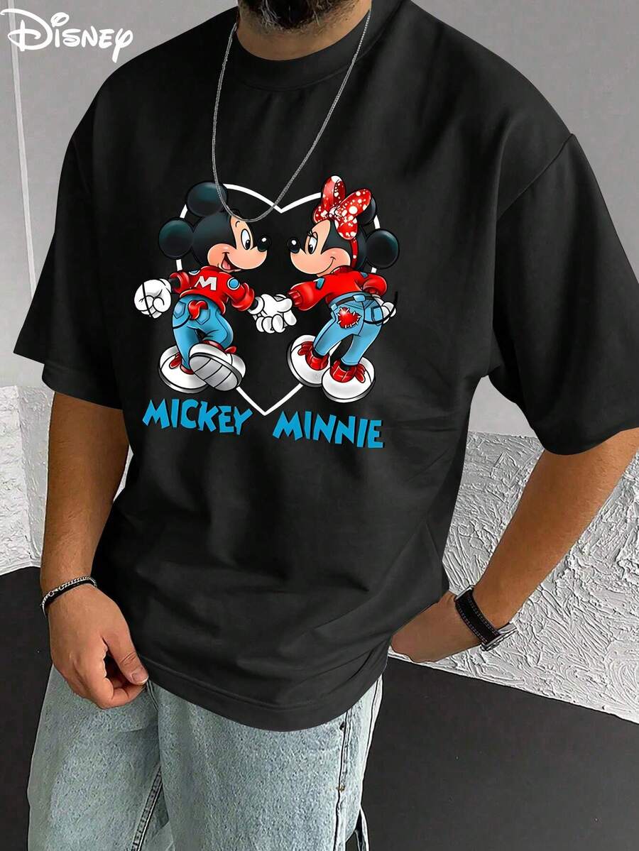 Disney Men's Casual T-Shirt, Mickey & Minnie "Couple" Print, Sweet Design, Comfortable Soft Fabric, Perfect For Couple Style - 黑色 - 查看 1