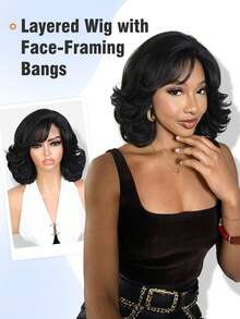 4x1 Layered Short Curly Wavy Side Bangs Lace Front Wig, Natural Layers, Heat-Resistant Synthetic Fiber, Suitable For Daily Wear, Black - màu đen - Xem 2