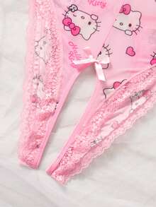 SANRIO 女士Hello Kitty粉色V领透视泰迪连体衣，性感内衣 - 粉色 - 查看 6