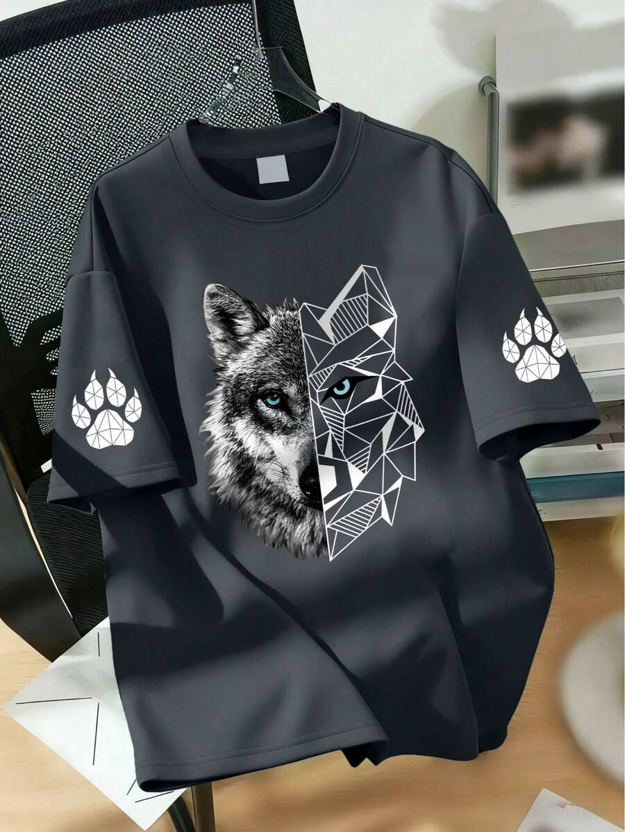 Áo thun ngắn tay cổ tròn in hình dấu chân sói cho bé trai, trang phục mùa hè mới cho trẻ em. - Màu xám đen - Xem 1