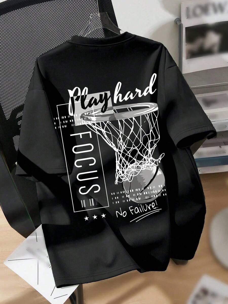 Áo thun cổ tròn in hình hoạt hình bóng rổ dành cho bé trai tuổi teen, phong cách mùa xuân hè Y2K, áo thun thường ngày mềm mại. - màu đen - Xem 1