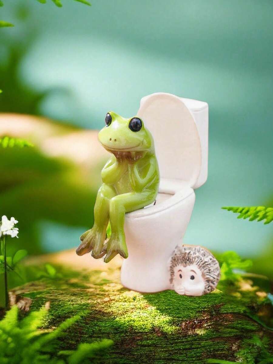 1pc Frog & Pig Toilet Decor, Resin Cartoon Pig Figurine, Cute Animal Decor For Home, Garden, Office Desk - Multicolor - View 1