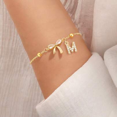 1pc Classic Vintage Bowknot Initial Golden Stainless Steel Bead Chain Bracelets For Women
