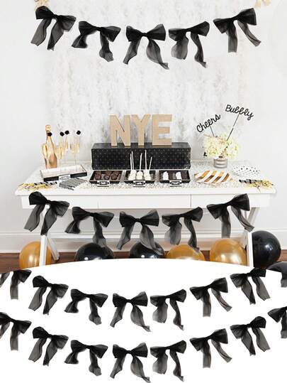 12pcs Black Bow Ribbon Garland Decor, Suitable For Birthday Party Decoration, Baby Christening Decoration, Bridal Wedding Party, Bachelorette Party Supplies, Theme Party Decoration, Pink Bow Home Decor, Party And Wedding Decoration