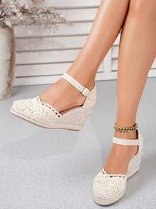 Sandal đế xuồng cao gót thời trang nữ, chất liệu rơm đan, kiểu dáng thường ngày, thích hợp cho kỳ nghỉ. - Màu be - Xem 4