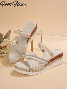 Foot Flair Sandal đế xuồng platform đế đay quai đan hở ngón cho nữ size lớn, phong cách đi biển nghỉ dưỡng, thời trang xuân hè đa năng thoải mái kiểu La Mã - Màu be - Xem 7
