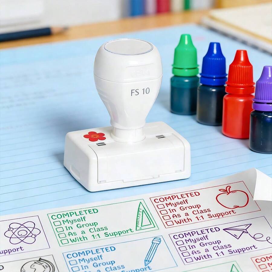 1 con dấu chấm điểm lớp học được nâng cấp + 1 ruột dấu thay thế, con dấu chấm điểm hình hoa nhỏ màu đỏ, con dấu đánh giá lớp học, con dấu đánh dấu bài tập về nhà của giáo viên, con dấu giáo viên đầu năm học, đồ dùng học tập, đồ dùng nhà trường (Kích thước con dấu: 0.78in*1.57in) - 1 chai FS10 màu trắng + 1 gói dung dịch thay thế (10ml) - Xem 1