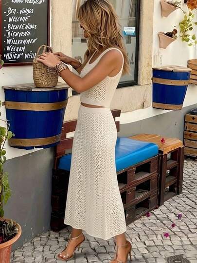 Women's Comfortable Casual Elegant Urban Lady Vintage Solid Color Ribbed Hollow Out Two Pieces Set, Camisole Top And Long Skirt, Suitable For Resort, Beach, Summer, Spring