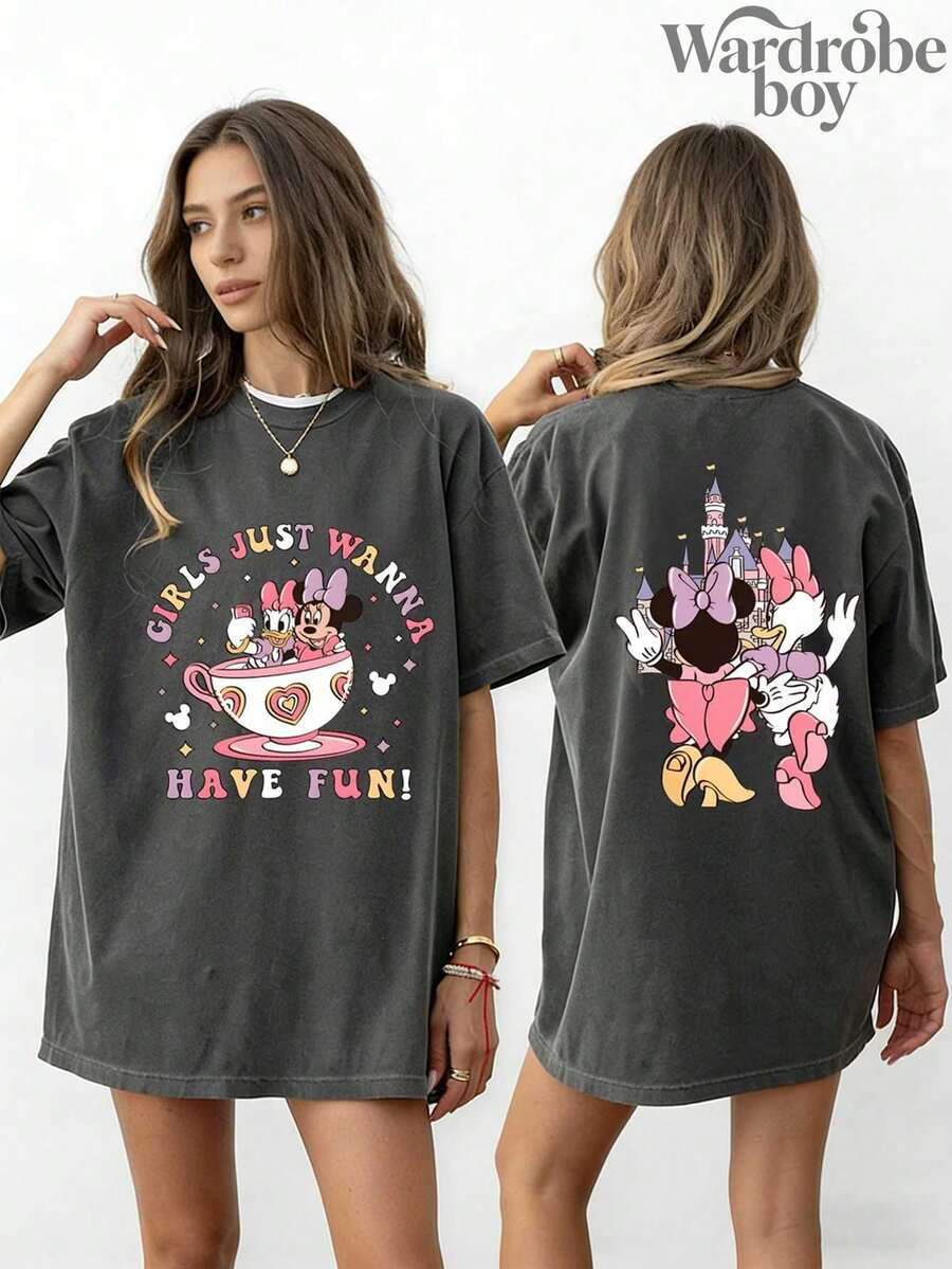 Disney Printed Wash Water T-Shirt,Disney Minnie Daisy Summer Shirt, Disney Best Friend Shirt, Disney Summer Shirt, Disney Girl Travel T-Shirt,High-Quality Pure Cotton T-Shirt,Suitable For All Seasons, Comfortable And Breathable| Exquisite Design | The Best Choice For Giving Gifts - 黑色 - 查看 1