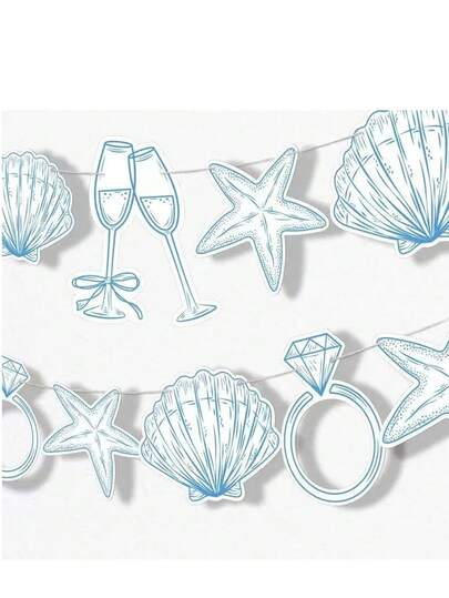 1set Last Toast On The Coast Banner Blue Beach Bridal Or Bachelorette Party Decor Seashells, Champagne Glasses Wedding Ring Shaped Paper Beach Seashell Party Banners Ocean Party Decorations Natural Seashell Starfish Conch Theme Cardboard Banners For Summer Coastal Beach Sea Birthday Party Baby Shower Supplies