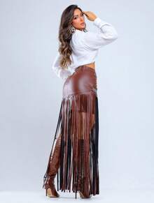 Women's Faux Leather Skirt With Fringe, Long, High Waist, Glitter Detail, Country Western Style, Perfect For Parties, Rodeos, Clubs, Blogger Looks. - 駝色 - 查看 2
