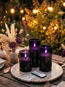 3pcs Flameless Black Candles With Remote Control & Timer, Battery-Powered Flickering LED Candles With Purple Lighting, Suitable For Wedding, Party, Home & Holiday Decor - Black Purple Light - View 3