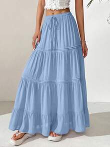 Women Casual Elastic High Waist Drawstring Pleated Layered Flowy Long Skirt Summer Boho Beach Vacation Holiday Going Out Valentine Maxi Skirt Outfits - 藍色 - 查看 3