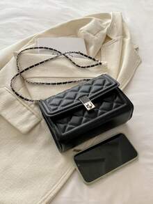 1pc Fashionable Solid Color Embossed Flap Chain Mini Shoulder Bag For Women - Black - View 7