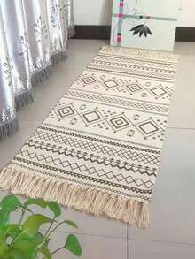 1件手工编织流苏地毯，复古几何图案亚麻卧室/客厅装饰地毯，波西米亚复古可水洗亚麻地毯 - 波西米亞 - 查看 8