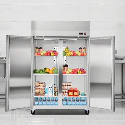 Refrigerador comercial de acceso frontal de 48" de ancho, 33 pies cúbicos, refrigerador vertical de acero inoxidable con doble puerta de vidrio, descongelación automática, 6 estantes ajustables, control de temperatura de 0 a 10°C, certificado UL