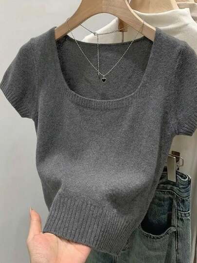Women's Solid Color Knit Sweater, Elegant Square Collar Knitted Pullover, Unique Collar Design, 2026 Spring Latest, Fashion Versatile Street Style, Elegant Choice For Women's Outings