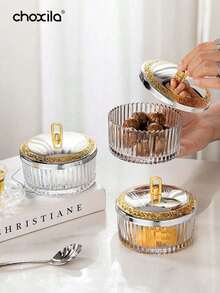 choxila 1pc Striped Glass Bowl With Gold Lid, Suitable For Nuts, Yogurt, Ice Cream, Jewelry Storage, Decor, Dining, Home, Restaurant, Ramadan - Bowl - View 4