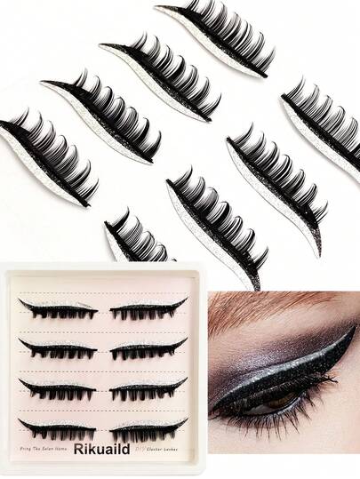 Rikuaild 4 Pairs, Eyeliner Lashes, Glitter Self-Adhesive, Eyeliner, Eyeshadow,Double Eyelids, False Eyelashes, Waterproof, Party, Eye Makeup, Christmas Halloween Makeup European And American Stage Makeup