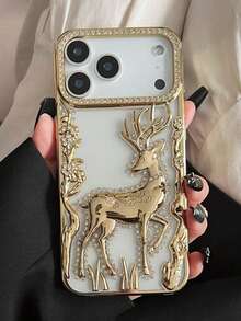 Luxury 3D Deer Sequin Rhinestone Plated Transparent Phone Case, Suitable For IPhone 17 Pro Max/17/16/15/14/13/12 Pro Max, Fashionable Shock-Proof Protective Cover - Gold - View 1