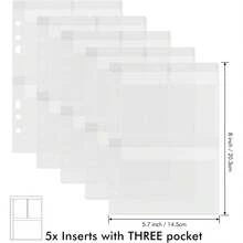 5 piezas de fundas de plástico tamaño A5, carpetas de documentos de PVC impermeables de 6 anillos, adecuadas para presupuestos, cuadernos de hojas sueltas, fotos, archivos, sellos y almacenamiento de moho (3 bolsillos) - TT359 - Ver 2