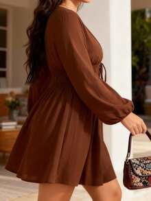 Vestido mini para mujer, elegante, de manga larga, con escote en V, liso, corte A, para otoño, informal, diario. - Marrón - Ver 4