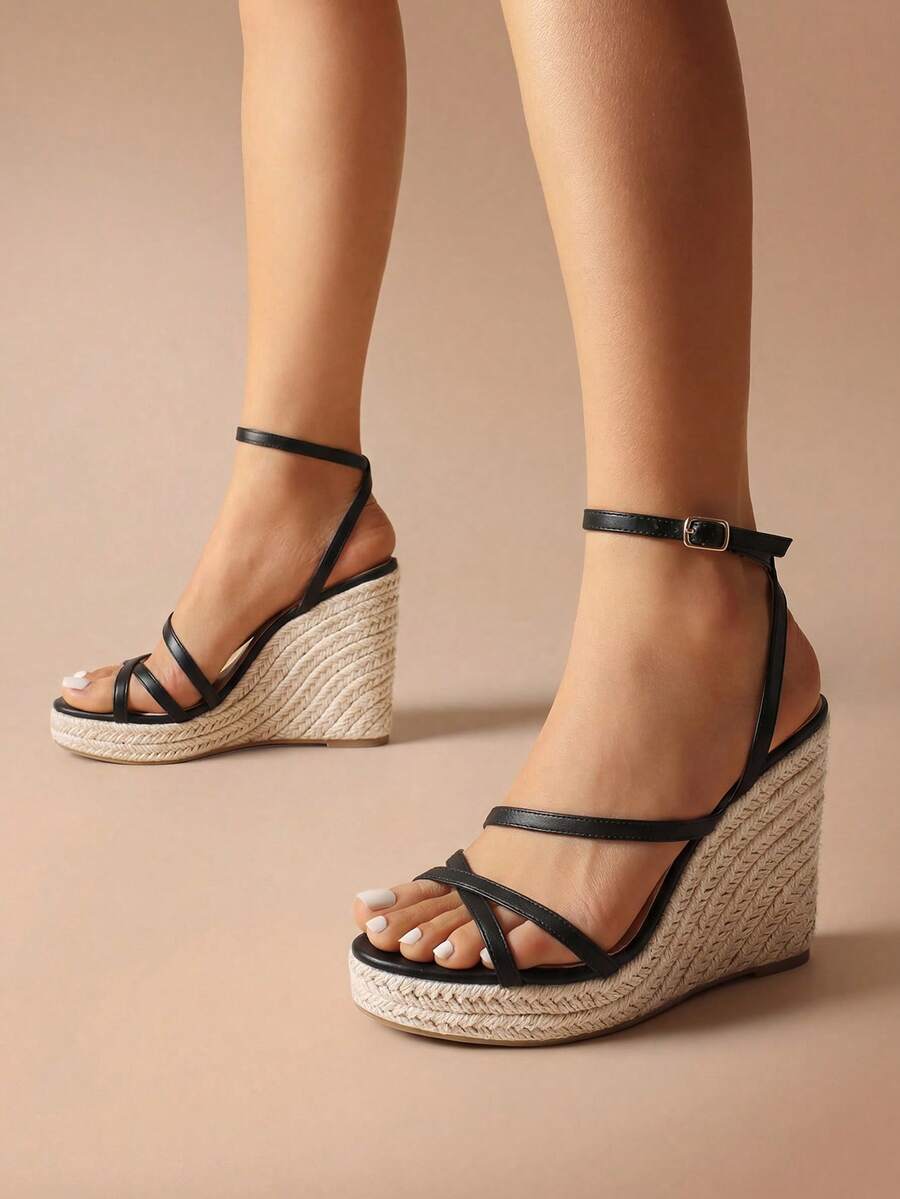 Women's Wedge Sandals Platform Open Toe Dressy  Comfortable Strappy Espadrille Ankle Strap Buckle Summer Shoes - Black - View 1