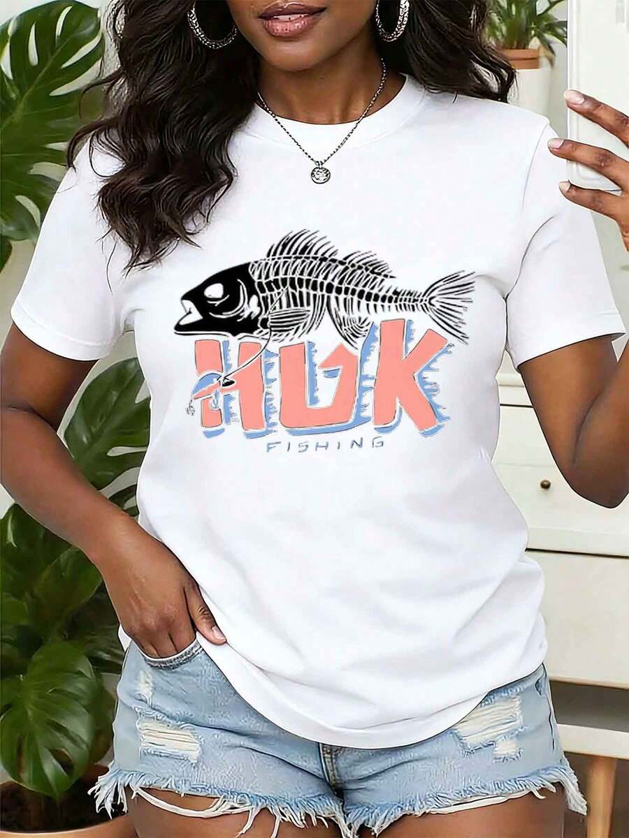 Women T Shirt Fish Skeleton Huk Fishing Print Round Neck Short Sleeve Casual Summer Top Gift 220g - 白色 - 查看 1
