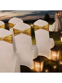 20pcs Butterfly Chair Sash Belt, Elastic Chair Cover Tie With Buckle, Universal Stretchy Chair Bows, Holiday Wedding Party Decor (Gold) - Dập vàng nóng - Xem 7