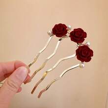 Chinese Style Faux Pearl 4-Prong Hair Clip, Elegant Hair Accessory - Rose Red - View 3