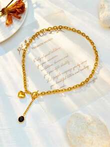 Gold Chain Necklace With Heart & Gemstone Pendant - Elegant Clasp Style Fashion Jewelry Suitable For Young Women (No Gift Box) - one-size - View 1