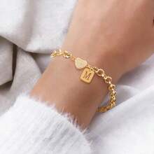 1pc Simple Fashion Rectangular Initial Heart Pendant Golden Stainless Steel Chain Bracelets For Women - Yellow Gold - View 1