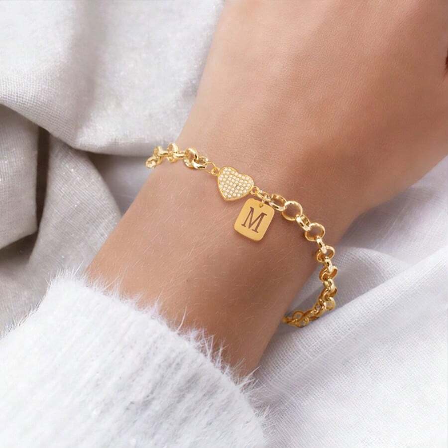 1pc Simple Fashion Rectangular Initial Heart Pendant Golden Stainless Steel Chain Bracelets For Women - Yellow Gold - View 1