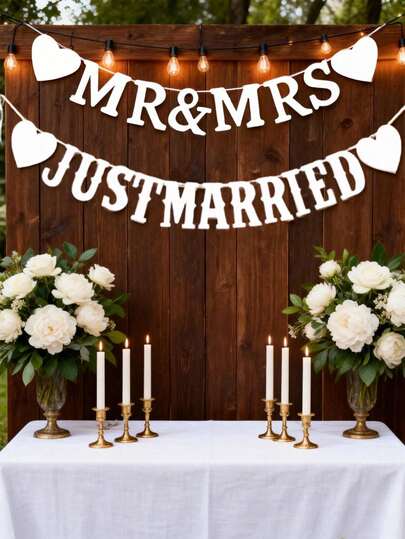 2pcs/Set "Just Married" & "Mr & Mrs" Wedding Banner, Paper Hanging Flag Decor, Romantic Party Supplies For Bridal Shower, Anniversary, Engagement Party, Wedding Reception Sign, Bridesmaid Gift, Engagement Gift, Proposal Backdrop